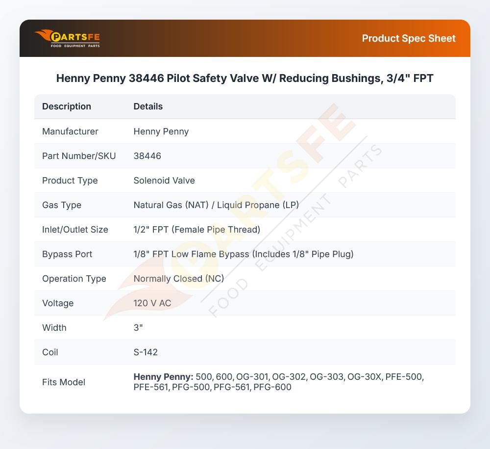 Henny Penny 38446 Pilot Safety Valve W/ Reducing Bushings, 3/4" FPT