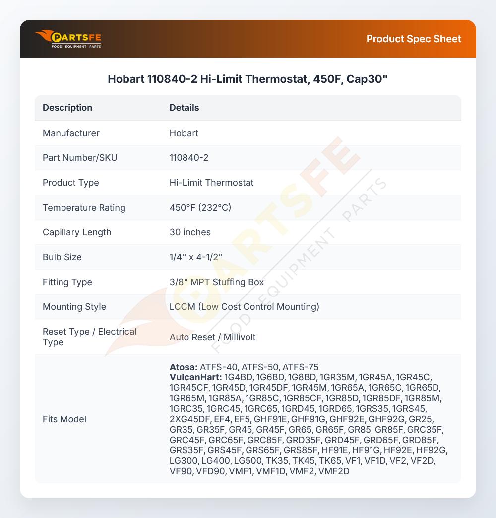 Hobart 110840-2 Hi-Limit Thermostat, 450F, Cap30"
