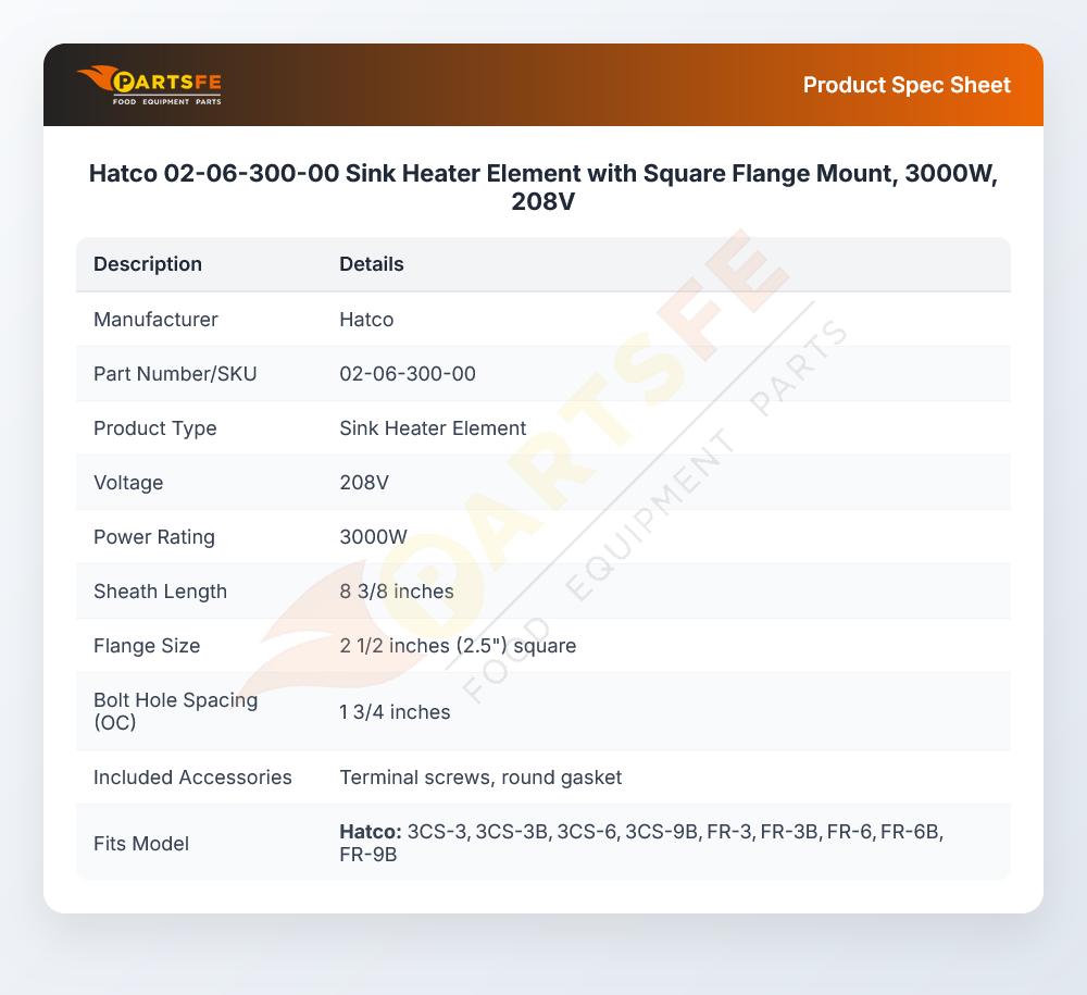 Hatco 02-06-300-00 Sink Heater Element with Square Flange Mount, 3000W, 208V