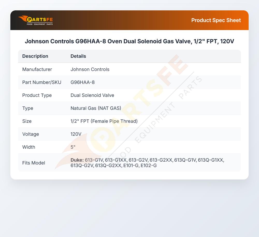 Johnson Controls G96HAA-8 Oven Dual Solenoid Gas Valve, 1/2" FPT, 120V