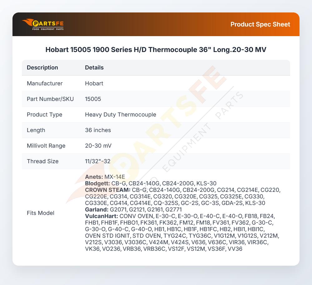 Hobart 15005 1900 Series H/D Thermocouple 36" Long.20-30 MV