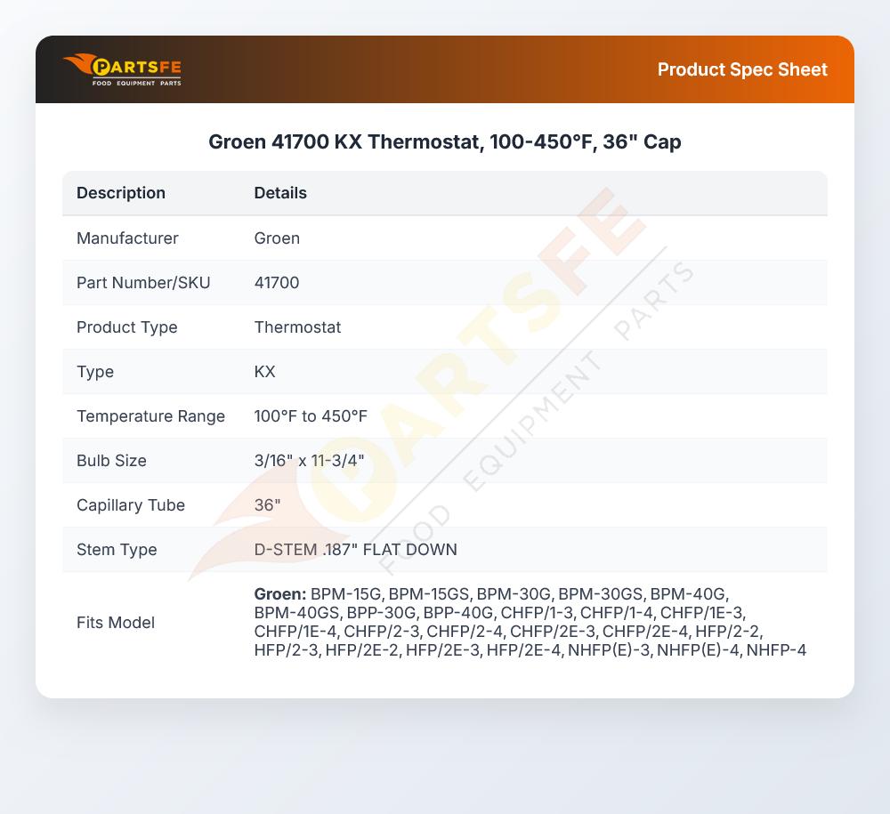 Groen 41700 Braising Pan KX Thermostat 100&deg;F-450&deg;F 36" CAP
