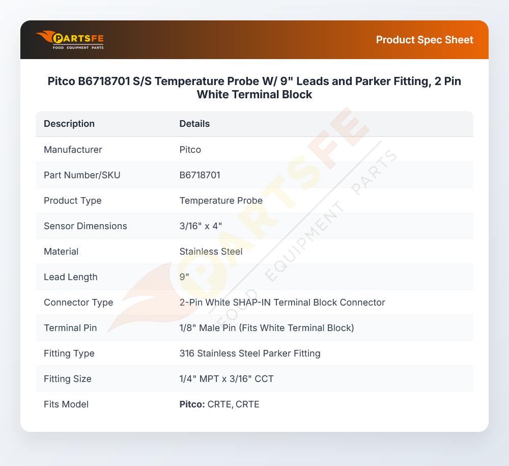 Pitco B6718701 S/S Temperature Probe W/ 9" Leads and Parker Fitting, 2 Pin White Terminal Block