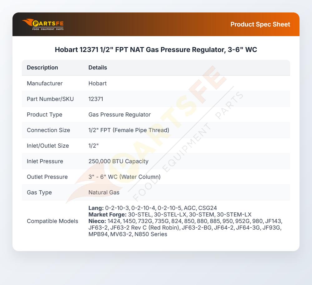 Hobart 12371 1/2" FPT NAT Gas Pressure Regulator, 3-6" WC