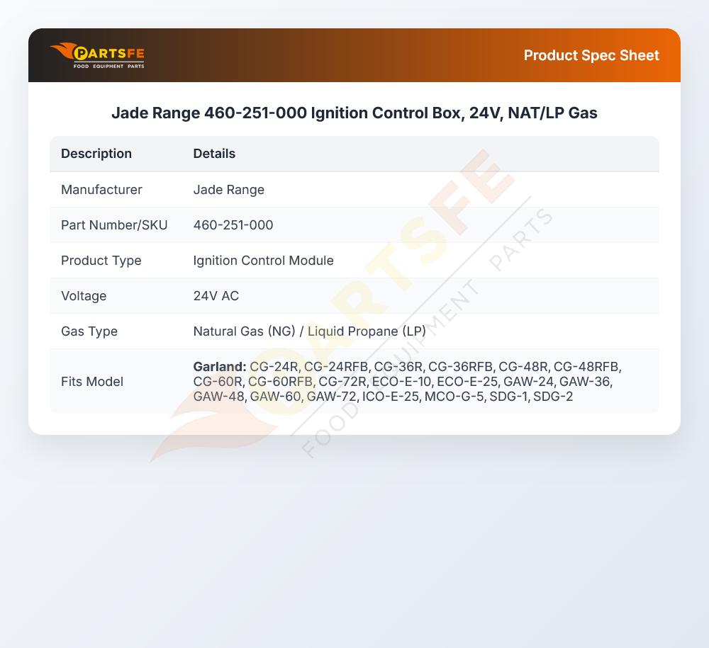 Jade Range 460-251-000 Ignition Control Box, 24V, NAT/LP Gas