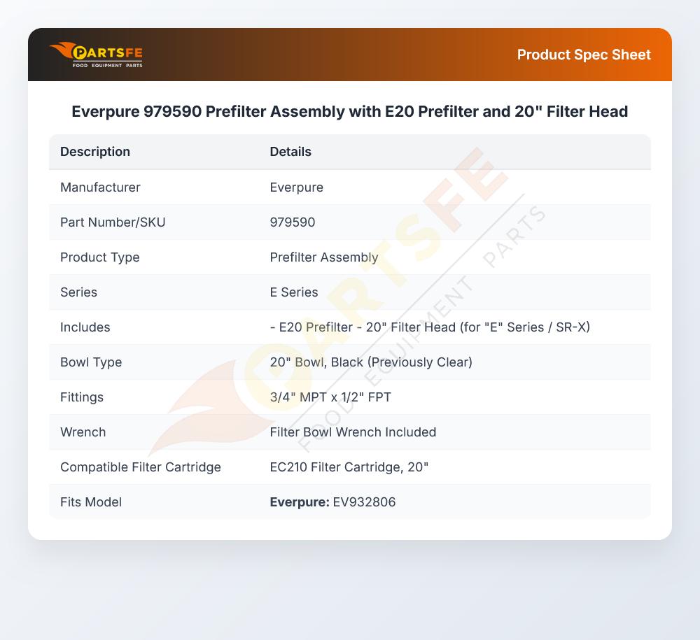 Everpure 979590 Prefilter Assembly with E20 Prefilter and 20" Filter Head