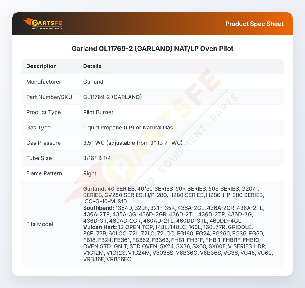 Garland GL11769-2 (GARLAND) Oven Pilot Natural/LP