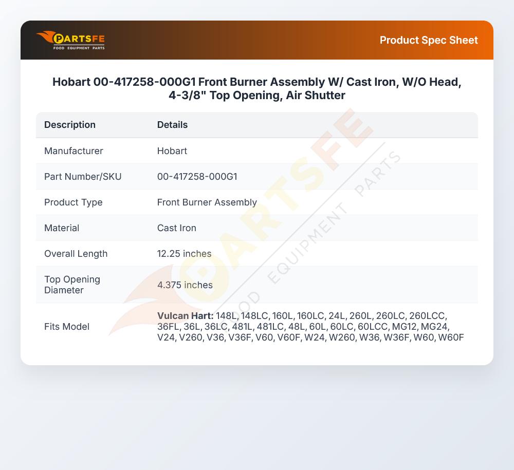 Hobart 00-417258-000G1 Front Burner Assembly W/ Cast Iron, W/O Head, 4-3/8" Top Opening, Air Shutter