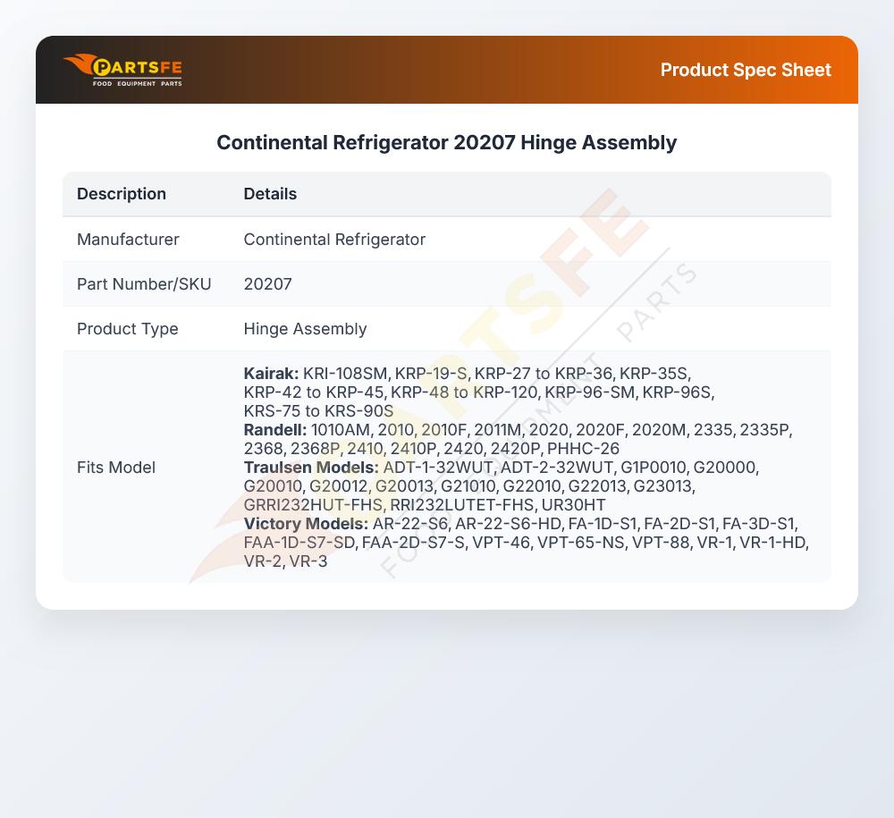 Continental Refrigerator 20207 Lift-Off Hinge Assembly
