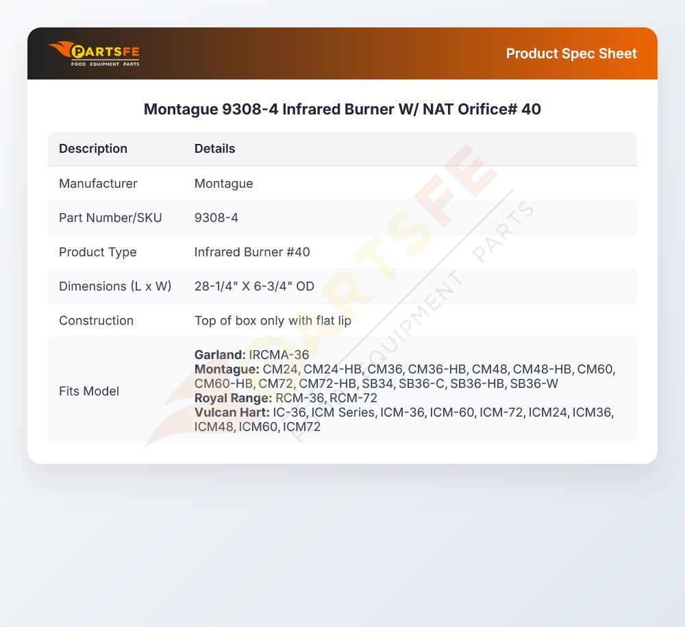 Montague 9308-4 Infrared Burner W/Natural Gas Orifice #40