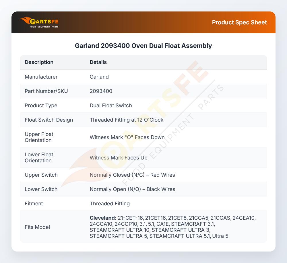 Garland 2093400 Oven Dual Float Assembly