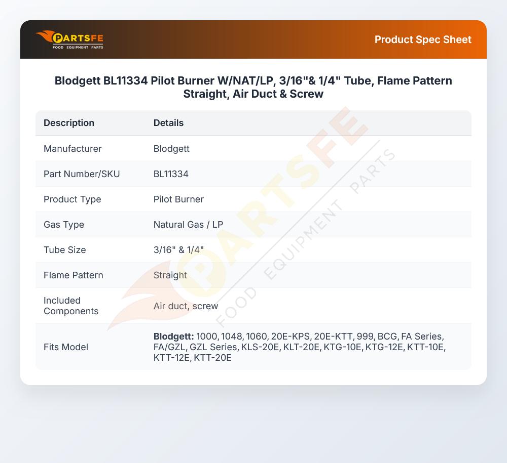 Blodgett BL11334 Pilot Burner 3/16" X 1/4" Air Duct & Screw
