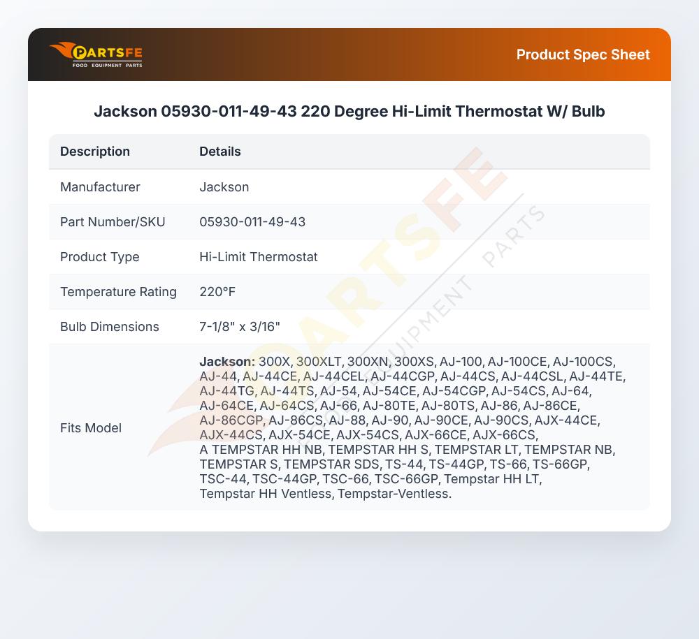 Jackson 05930-011-49-43 220 Degree Hi-Limit Thermostat W/ Bulb