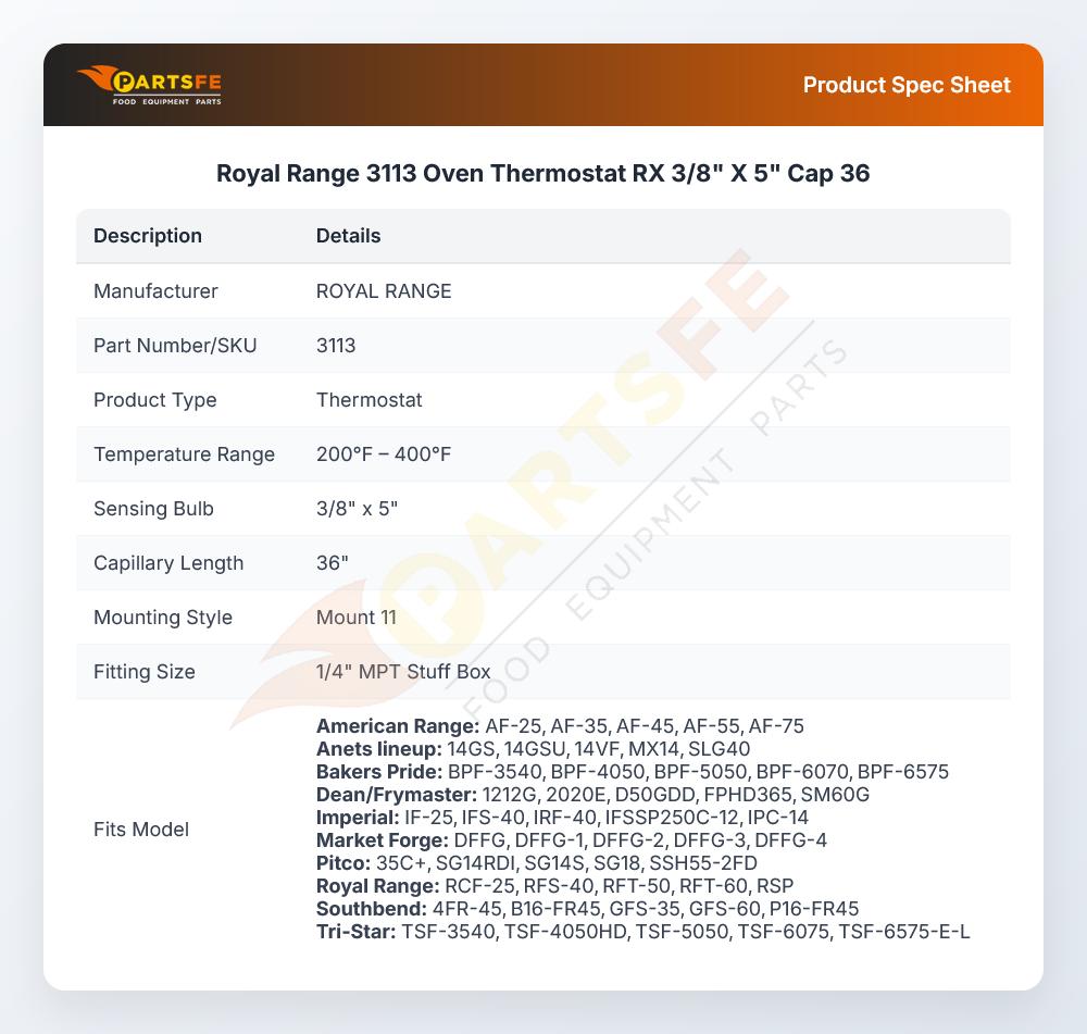 Royal Range 3113 Oven Thermostat RX 3/8" X 5" Cap 36