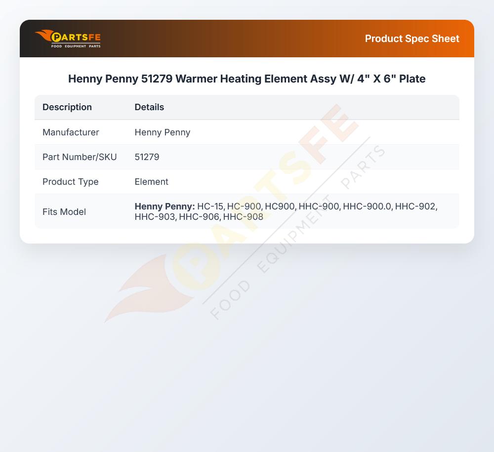 Henny Penny 51279 Warmer Heating Element Assembly 4" X 6" 120V 1000W