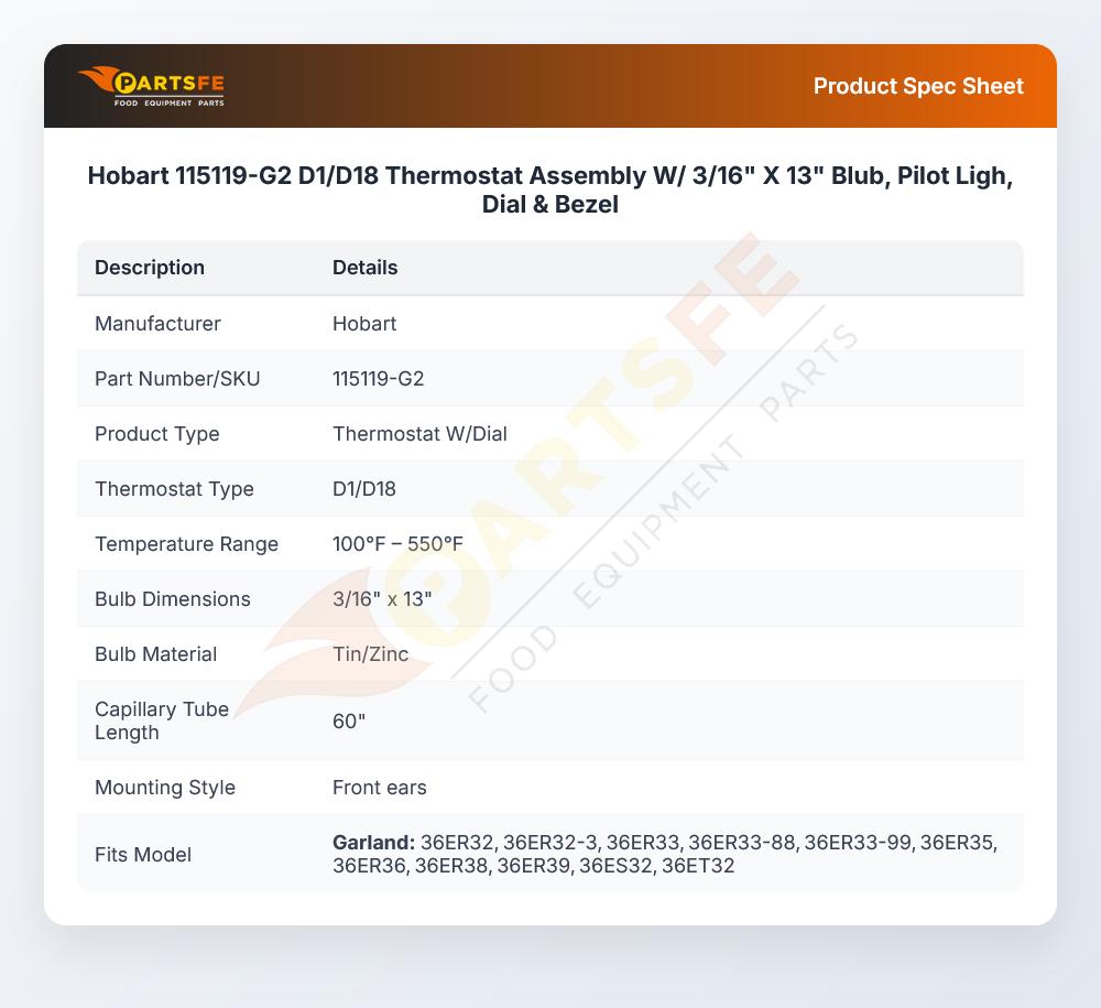 Hobart 115119-G2 D1/D18 Thermostat Assembly W/ 3/16" X 13" Blub, Pilot Ligh, Dial & Bezel