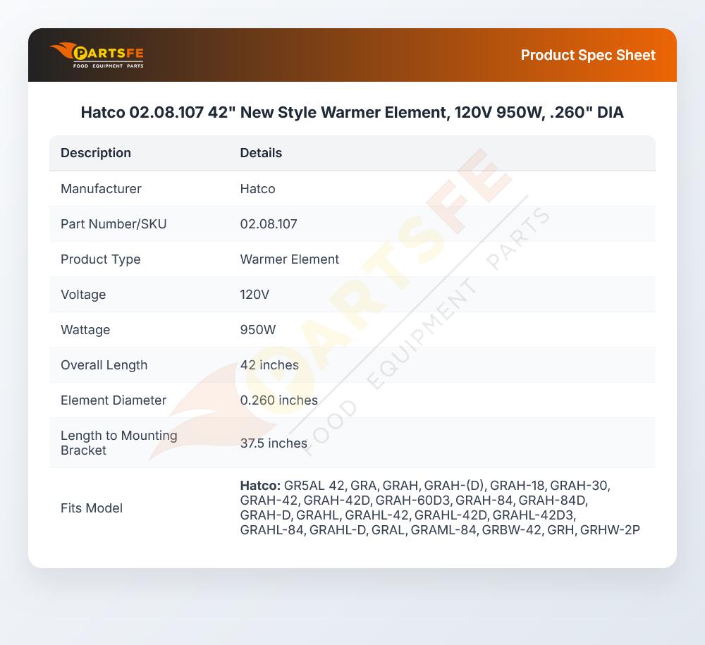 Hatco 02.08.107 42" New Style Warmer Element, 120V 950W, .260" DIA