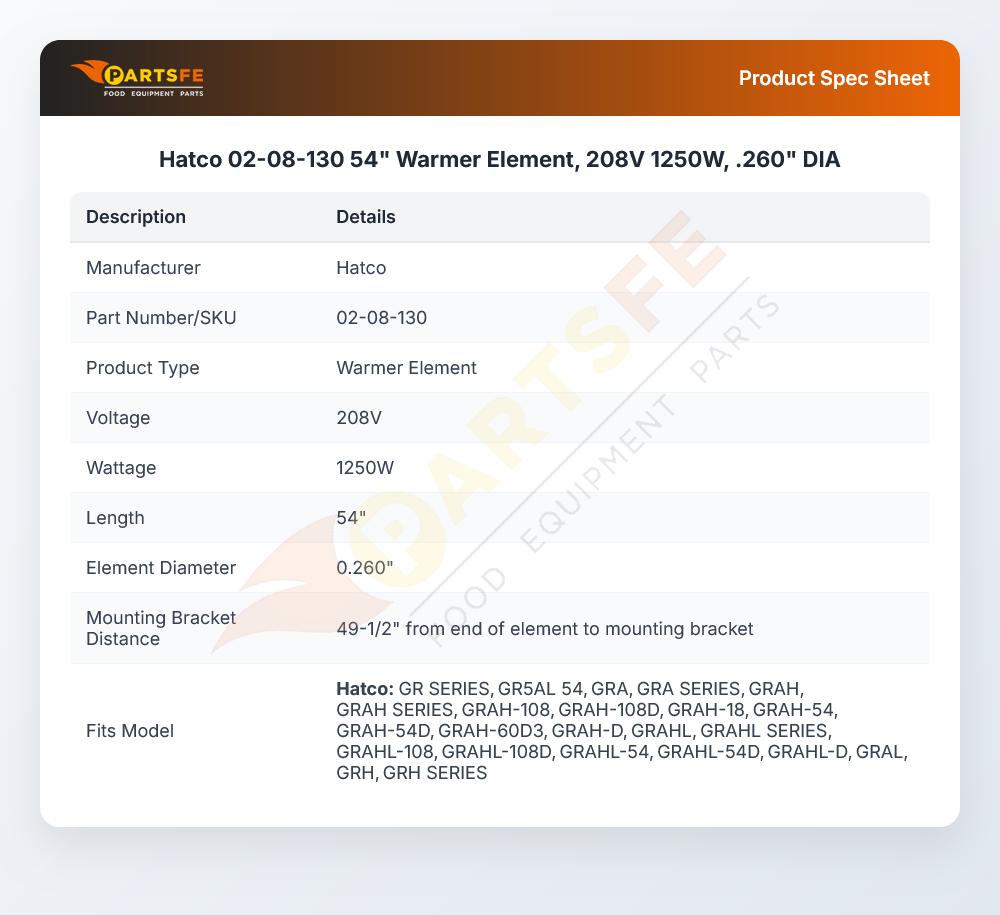 Hatco 02-08-130 54" Warmer Element, 208V 1250W,  .260" DIA