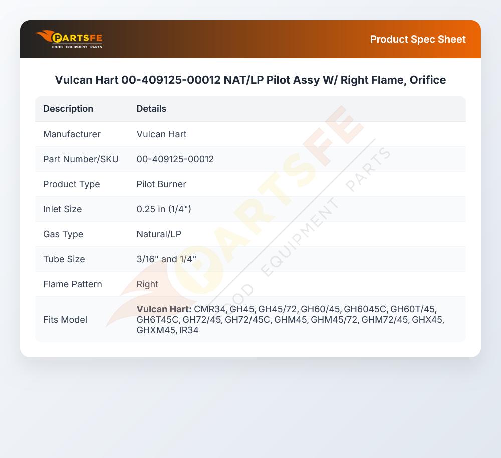 Vulcan Hart 00-409125-00012 NAT/LP Pilot  Assy W/ Right Flame, Orifice