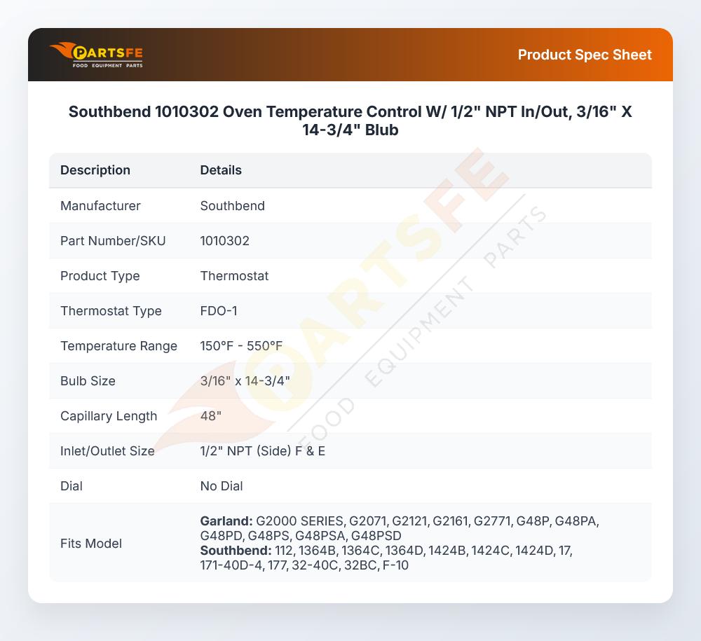 Southbend 1010302 Oven Temperature Control W/ 1/2" NPT In/Out, 3/16" X 14-3/4" Blub