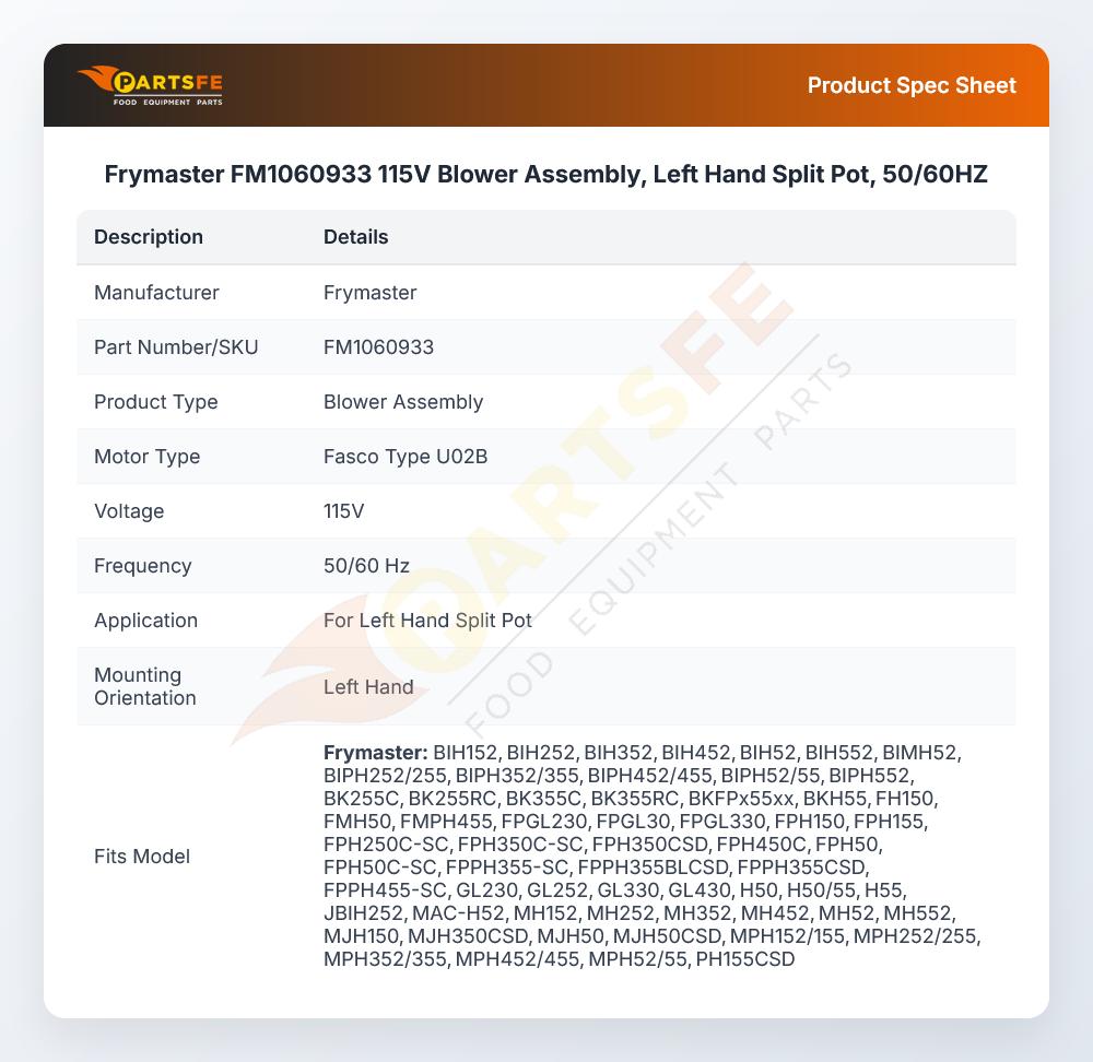 Frymaster FM1060933 115V Blower Assembly,  Left Hand Split Pot, 50/60HZ