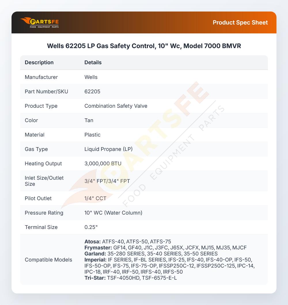 Wells 62205 LP Gas Safety Control, 10" Wc, Model 7000 BMVR