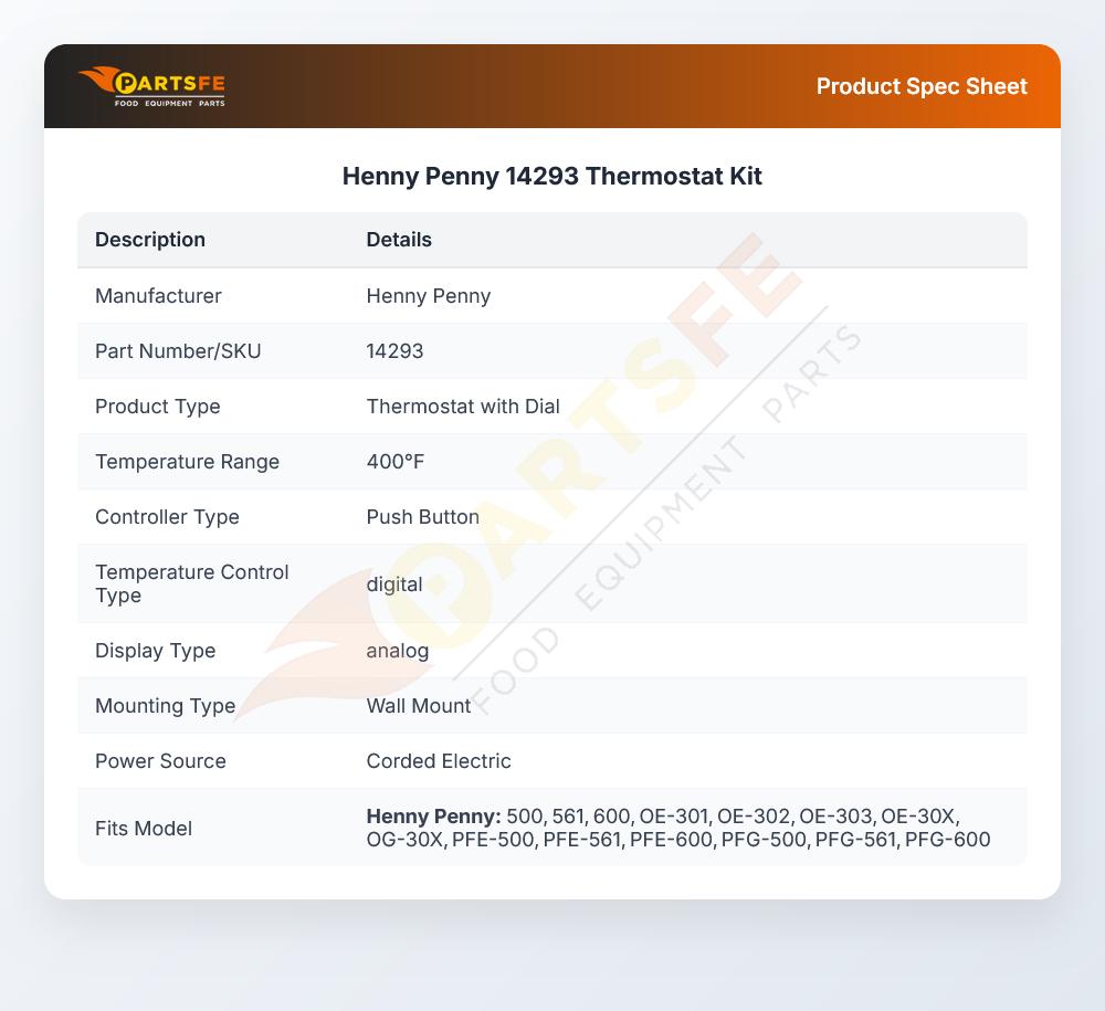 Henny Penny 14293 Fryer Control Thermostat Kit KX-Type 600/OG-30X