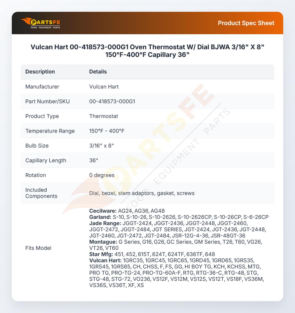 Vulcan Hart 00-418573-000G1 Fryer Thermostat W/Dial 3/16" X 8" 150&deg;F-400&deg;F Capillary 36" BJWA