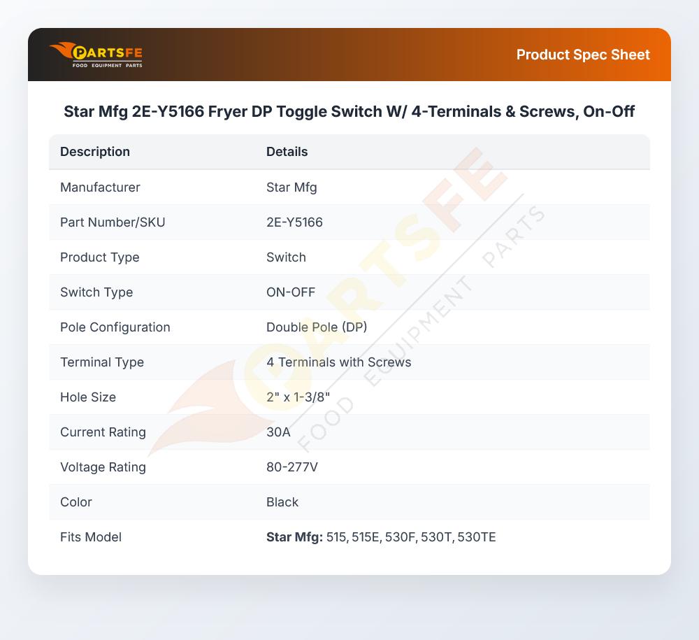 Star Mfg 2E-Y5166 Fryer DP Toggle Switch W/ 4-Terminals & Screws, On-Off