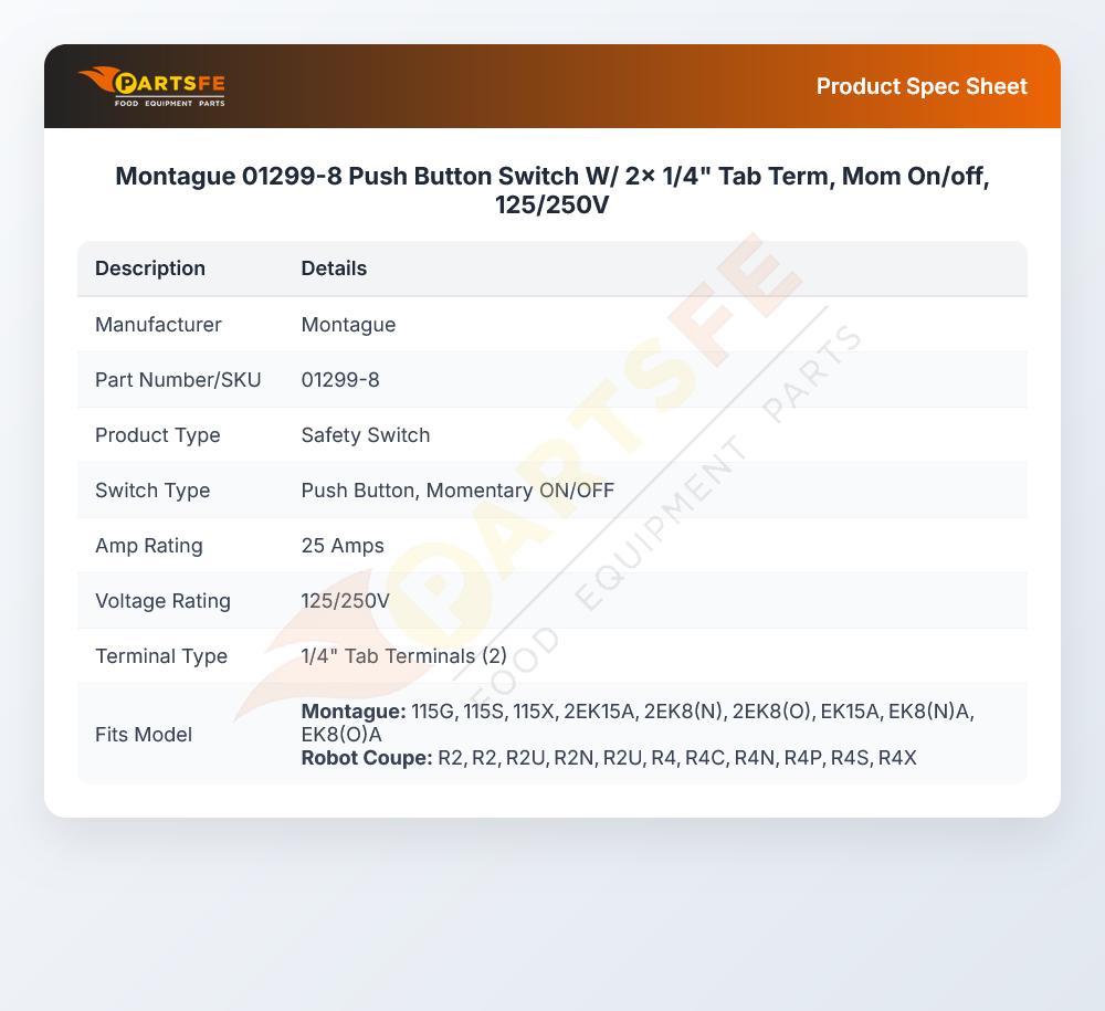 Montague 01299-8 Push Button Switch W/ 2x 1/4" Tab Term, Mom On/off, 125/250V