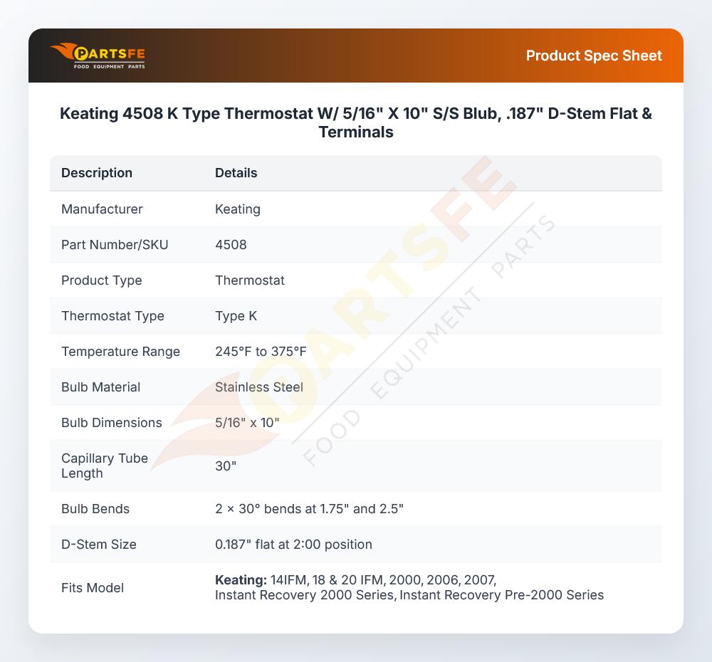 4508 K Type Thermostat W/ 5/16" X 10" S/S Blub, .187" D-Stem Flat & Terminals
