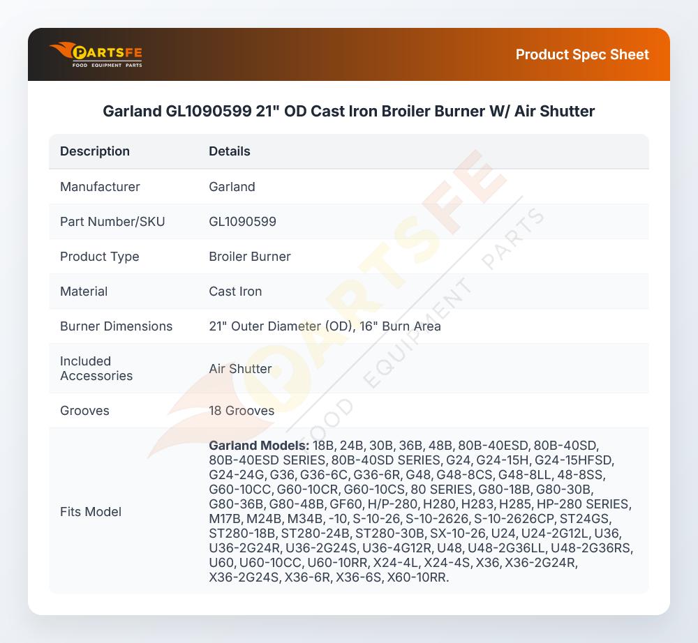Garland GL1090599 21" OD Cast Iron Broiler Burner W/ Air Shutter