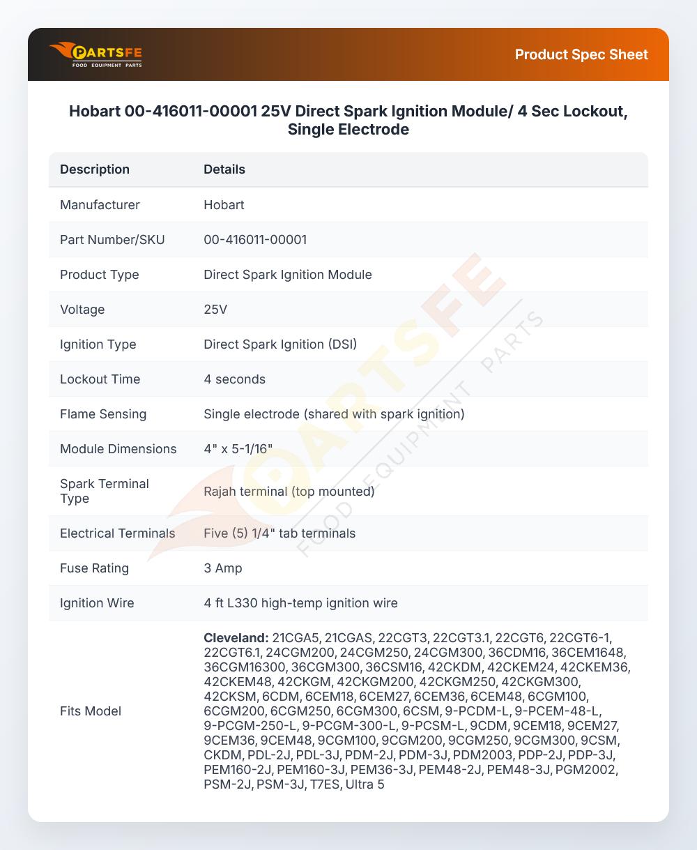 Hobart 00-416011-00001 25V Direct Spark Ignition Module/ 4 Sec Lockout, Single Electrode