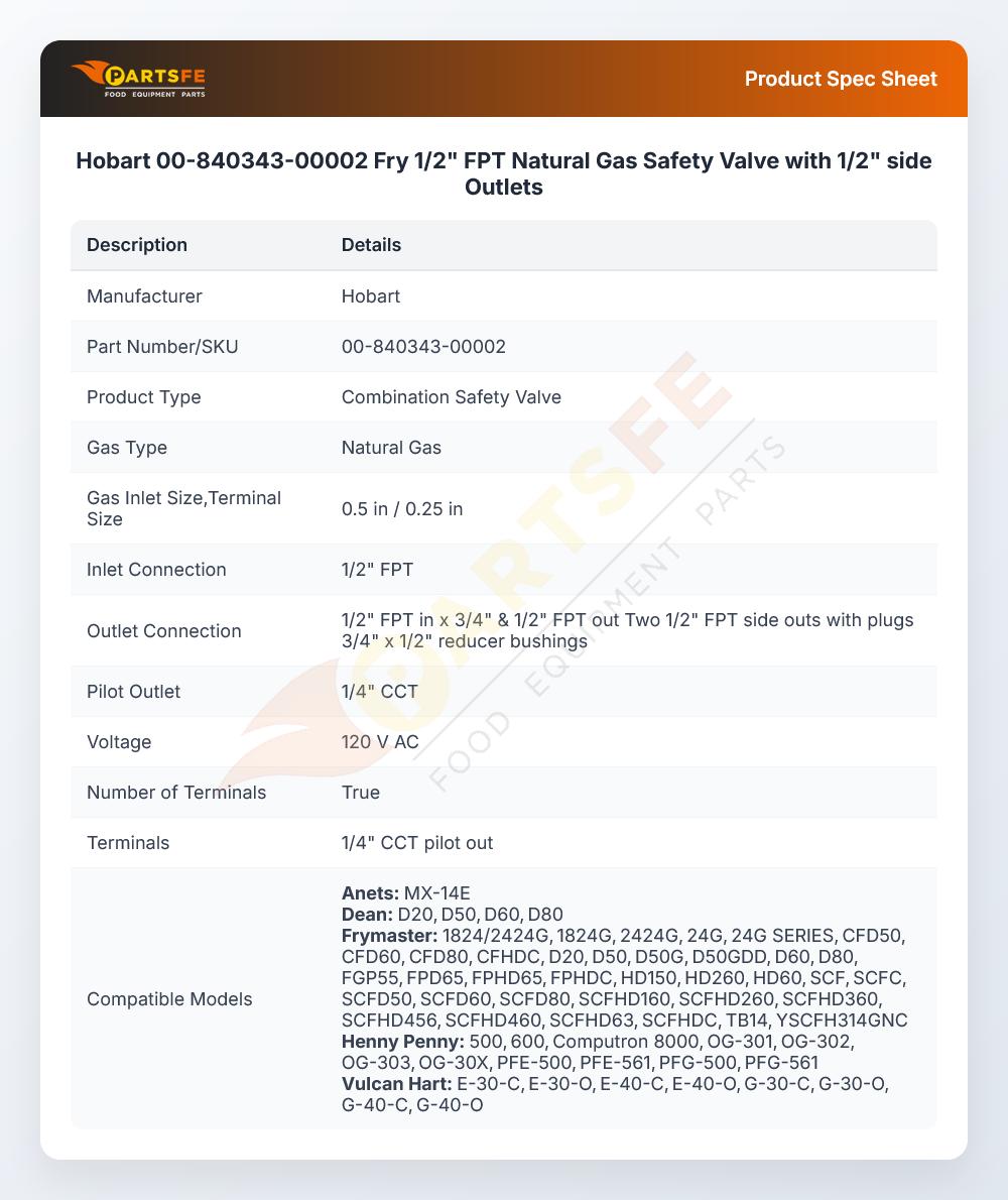 Hobart 00-840343-00002 Fry 1/2" FPT Natural Gas Safety Valve with  1/2" side Outlets