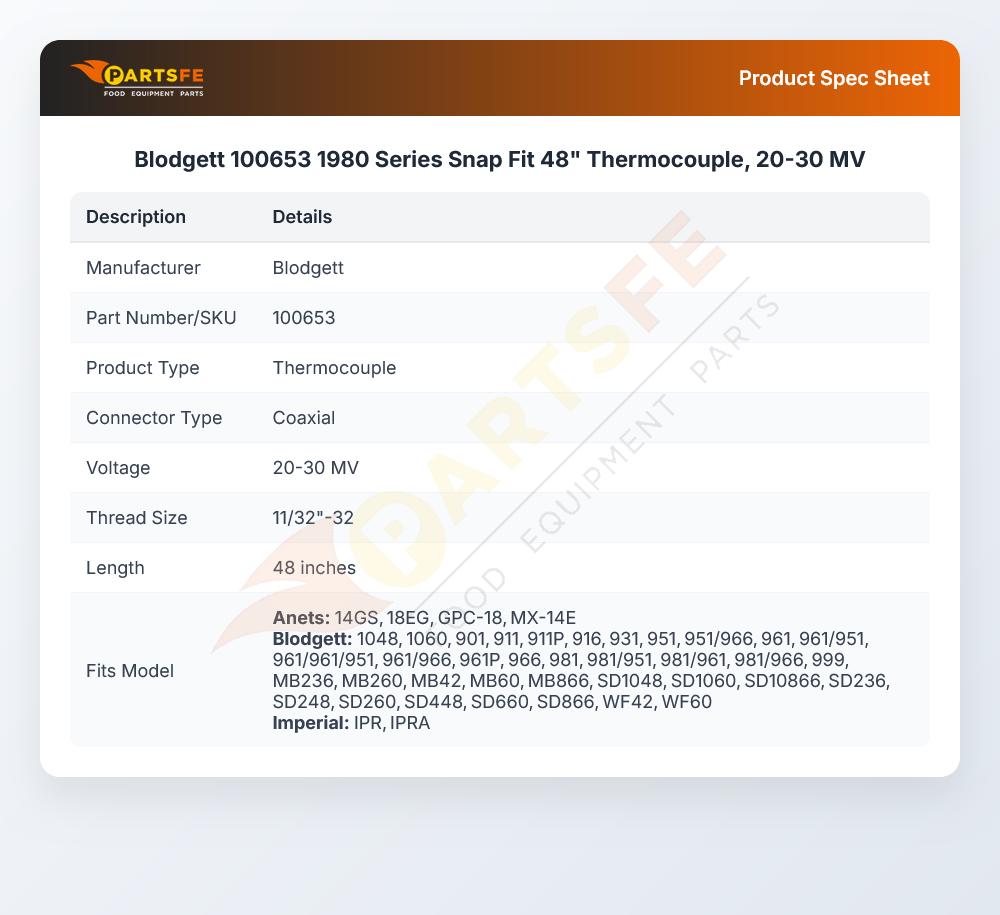 Blodgett 100653 Oven Thermocouple Snap Fit 48" 20-30mV 1980 Series