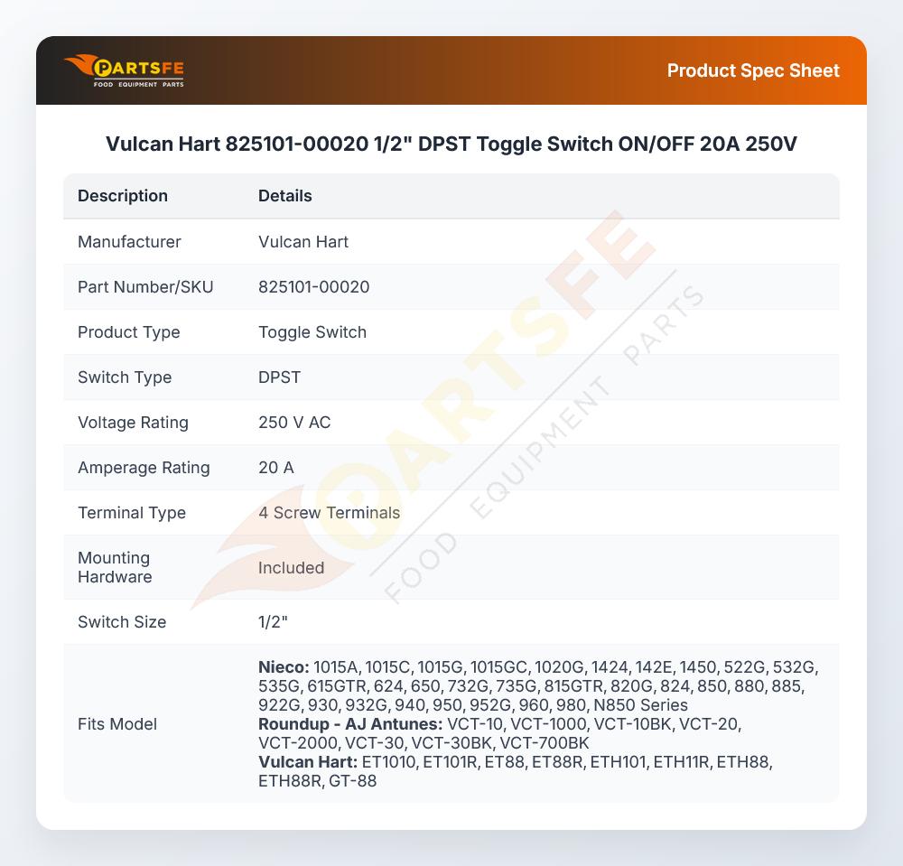 Vulcan Hart 825101-00020 1/2" DPST Toggle Switch ON/OFF 20A 250V