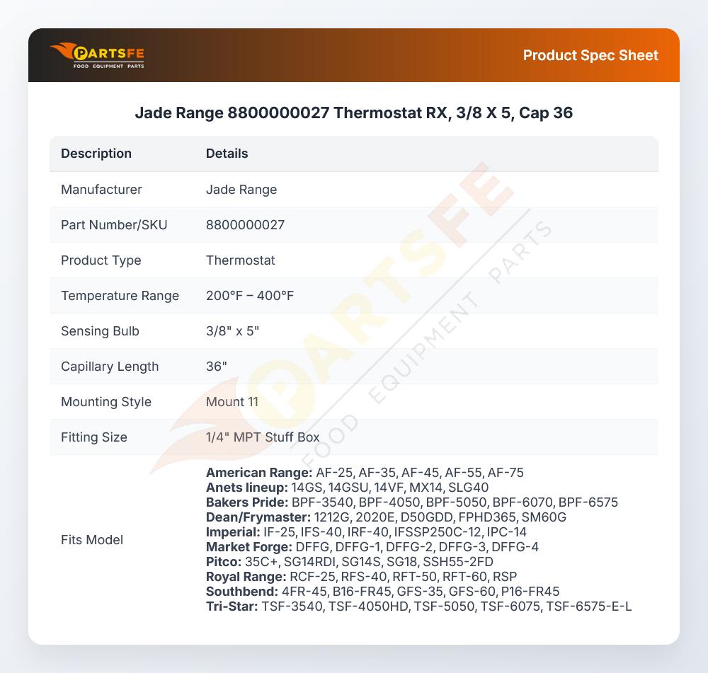 Jade Range 8800000027 Thermostat RX, 3/8 X 5, Cap 36
