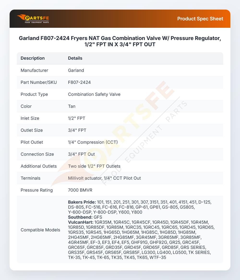 Garland F807-2424 Fryers NAT Gas Combination Valve W/ Pressure Regulator, 1/2" FPT IN X 3/4" FPT OUT