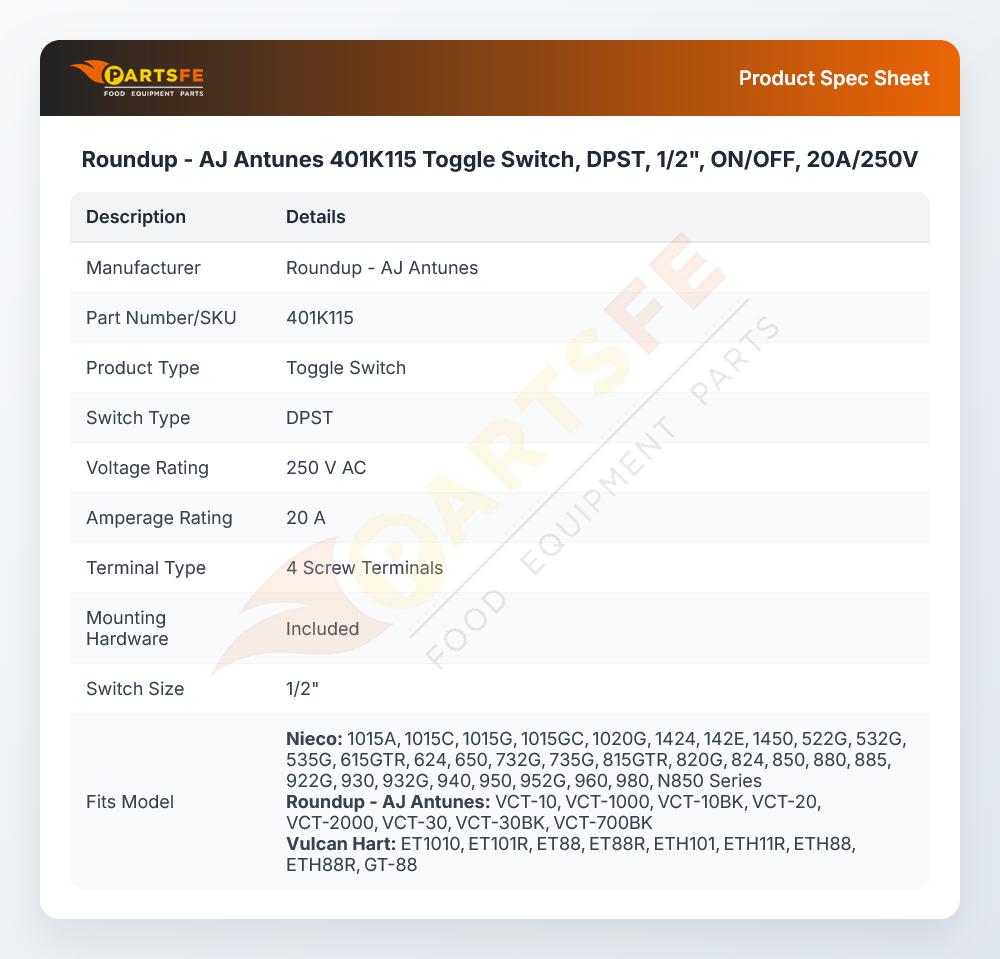 Roundup - AJ Antunes 401K115 Toggle Switch, DPST, 1/2", ON/OFF, 20A/250V