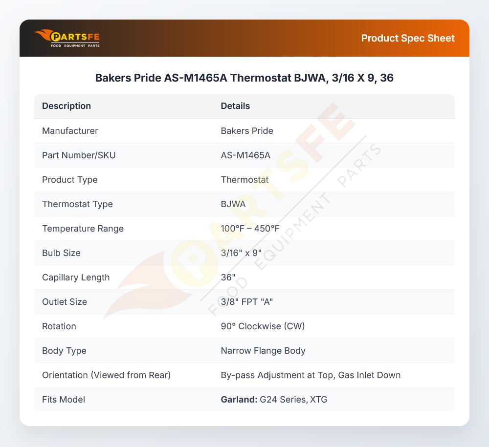 Bakers Pride AS-M1465A Thermostat BJWA, 3/16 X 9, 36