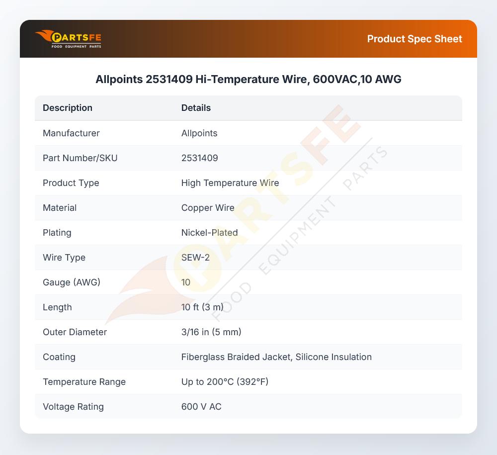 Allpoints 2531409 Hi-Temperature Wire, 600VAC,10 AWG