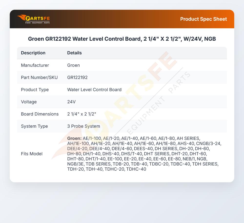 Groen GR122192 Water Level Control Board, 2 1/4" X 2 1/2", W/24V, NGB