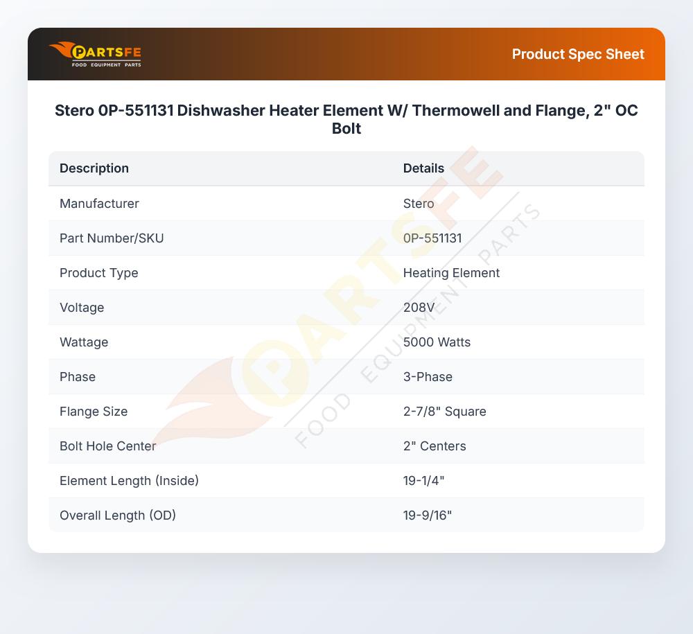Stero 0P-551131 Dishwasher Heater Element W/ Thermowell and Flange, 2" OC Bolt