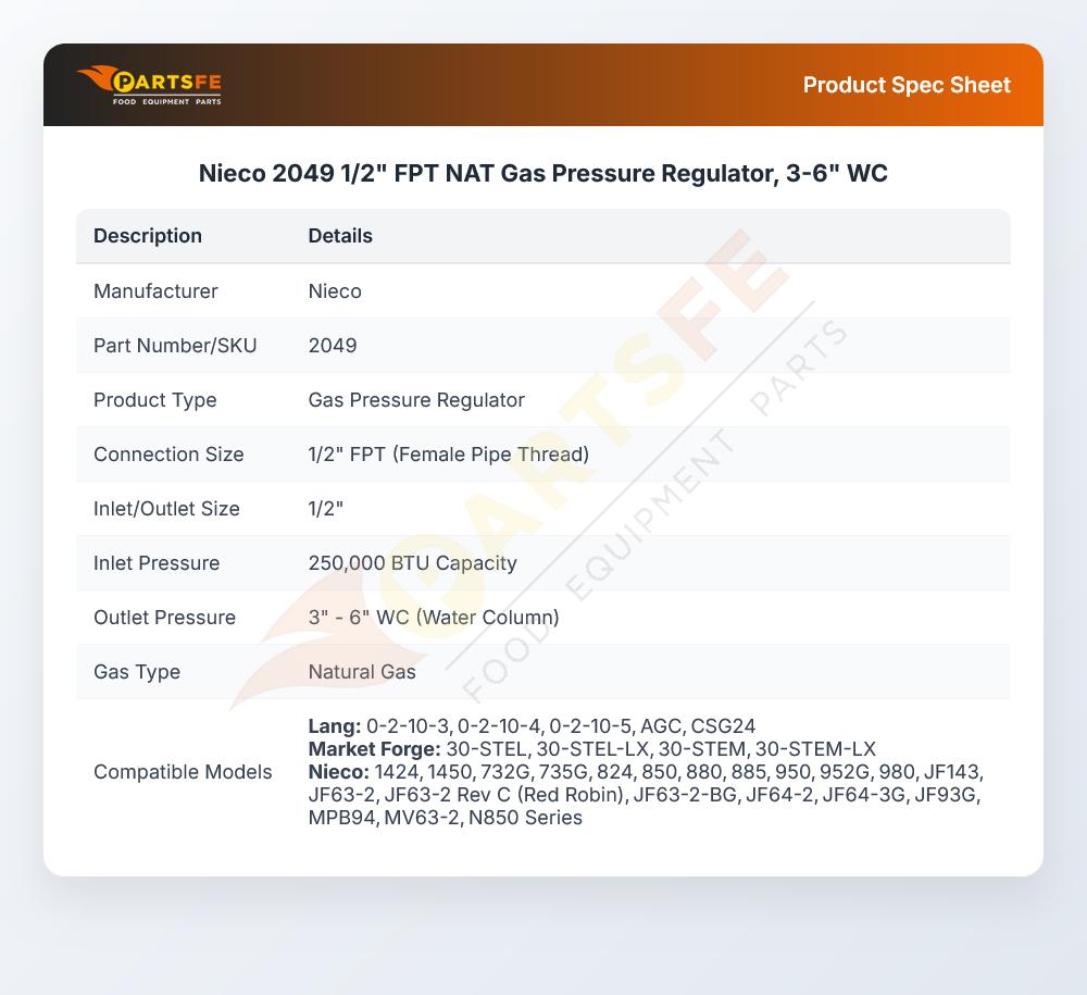 Nieco 2049 1/2" FPT NAT Gas Pressure Regulator, 3-6" WC