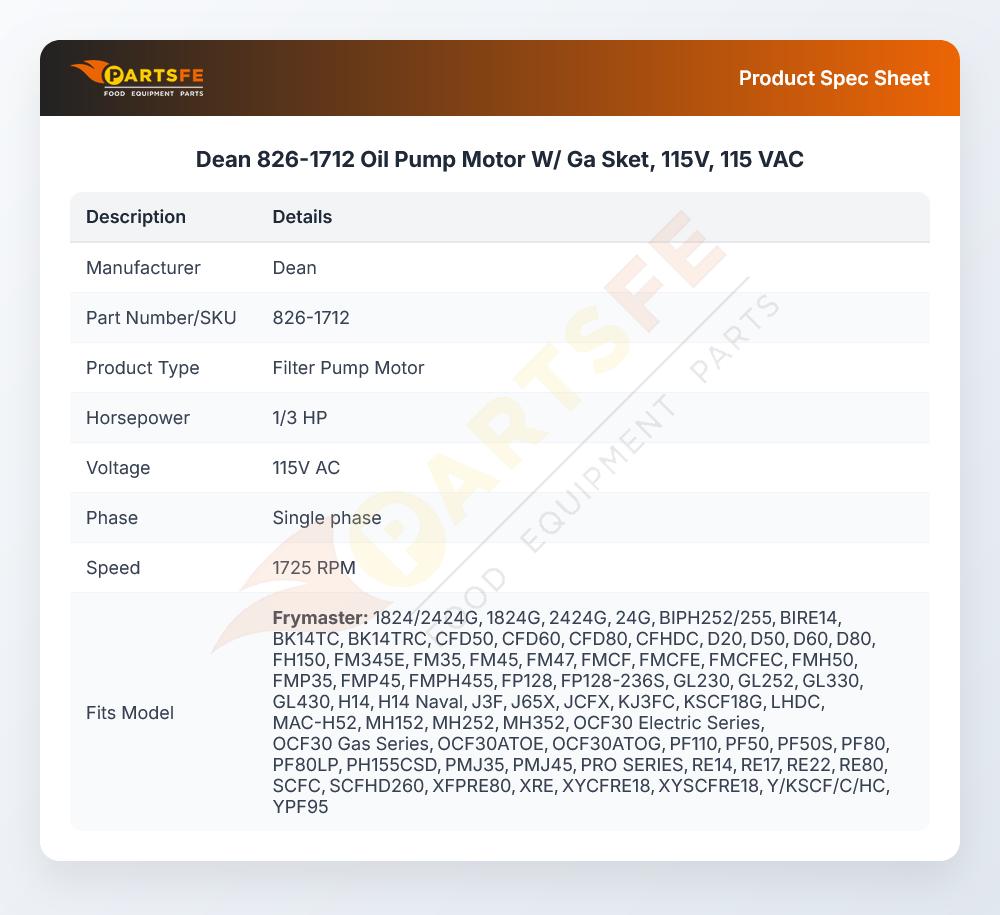 Dean 826-1712 Oil Pump Motor W/ Ga Sket, 115V, 115 VAC