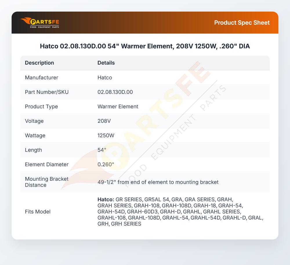 Hatco 02.08.130D.00 54" Warmer Element, 208V 1250W,  .260" DIA