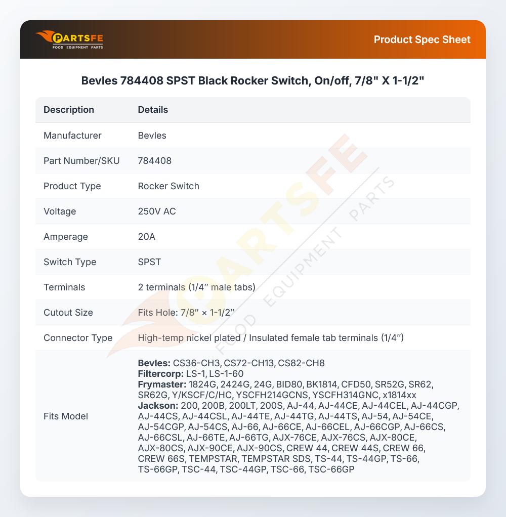 Bevles 784408 Holding Cabinet Power Switch SPST 20A