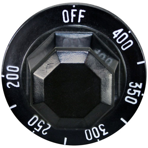 Hobart 408659-00003 Black Thermostat Knob W/White Printed Numbers, 2" DIA, OFF-400-200F, Mount .187", Flat Down