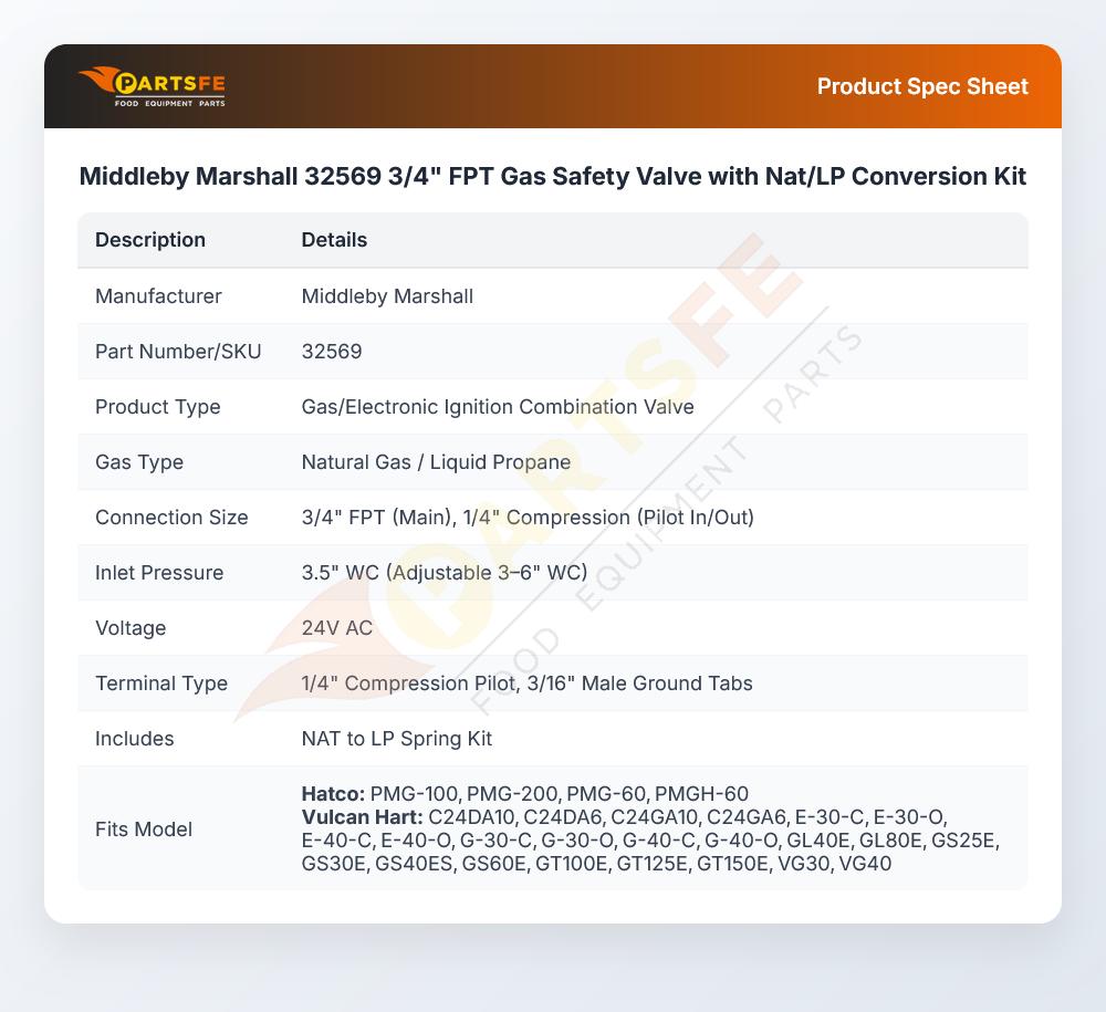 Middleby Marshall 32569 3/4" FPT Gas Safety Valve with Nat/LP Conversion Kit