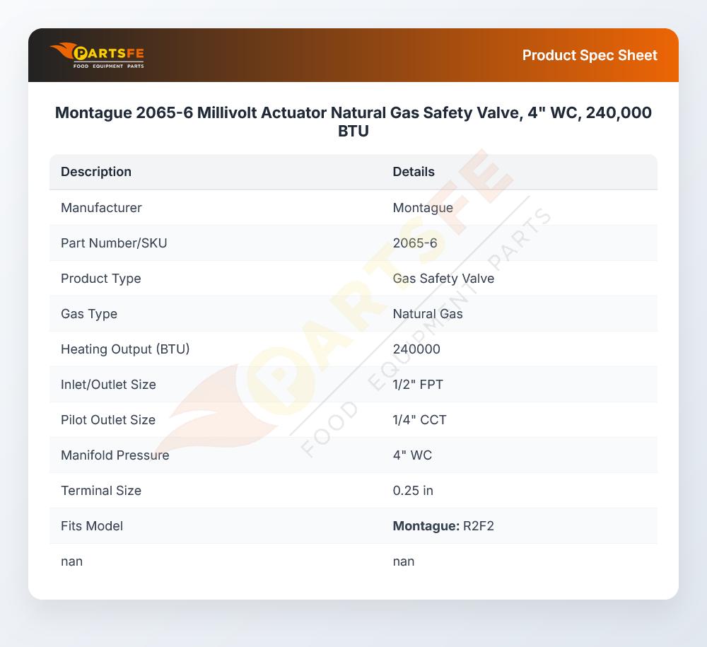 Montague 2065-6 Millivolt Actuator Natural Gas Safety Valve, 4" WC, 240,000 BTU